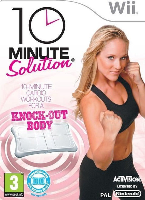 Nintendo Wii 10 Minute Solution van Activision, doos voorkant met sportende vrouw en Wii Balance Board, tweedehands