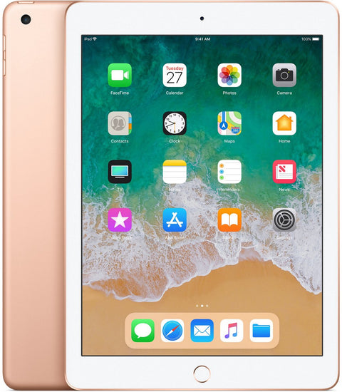 Apple iPad 6e generatie 2018 Wi-Fi goud A1893, voorkant met scherm en achterkant met camera