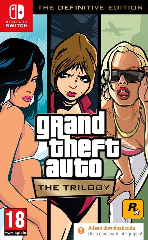 Nintendo Switch Grand Theft Auto The Trilogy Definitive Edition, doos voorkant, code in a box zonder spelkaart, tweedehands