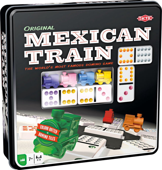 Tactic Original Mexican Train dominospel in blik, voorkant met treintjes en gekleurde dominostenen