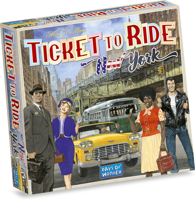 Ticket to Ride New York bordspel van Days of Wonder, doos voorkant met gele taxi en reizigers in Manhattan