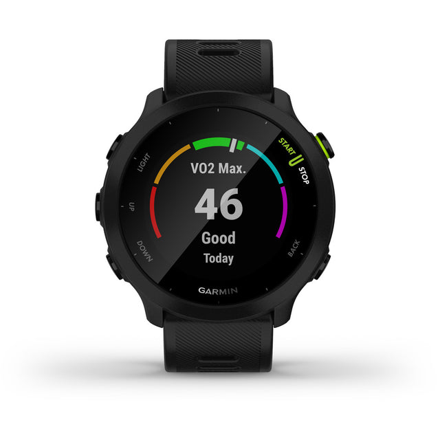 Garmin Forerunner 55 smartwatch, zwart, vooraanzicht met VO2 Max-scherm