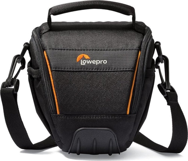 Lowepro Adventura TLZ 20 II toploader cameratas in zwart met oranje biesjes, voorkant met handvat en schouderriem
