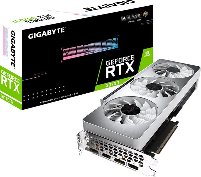 Gigabyte GeForce RTX 3070 Ti VISION OC 8G videokaart, doos en de witte kaart met drie ventilatoren