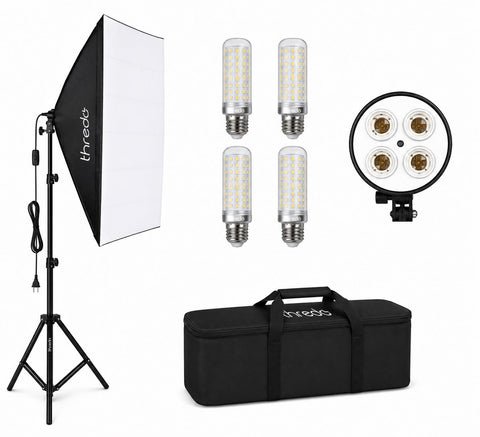 Thredo softbox studiolamp set, softbox op statief met vier ledlampen, lamphouder en zwarte draagtas