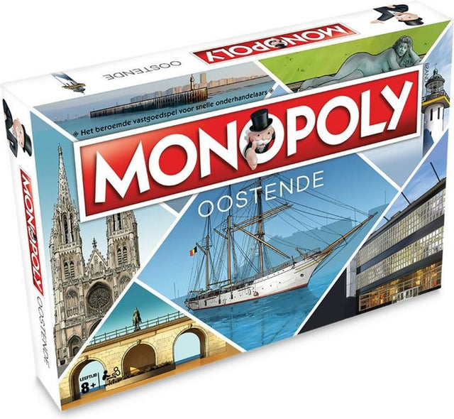 Monopoly Oostende bordspel, doos voorkant met zeilschip, Sint-Petrus-en-Pauluskerk en vuurtoren