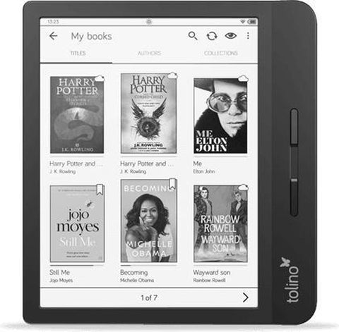 Tolino Vision 5 e-reader 7 inch 8GB, zwart, vooraanzicht met boekenoverzicht op het scherm