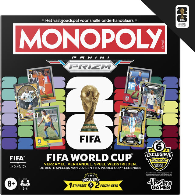 Hasbro Monopoly Panini Prizm FIFA World Cup bordspel, zwarte doos voorkant met WK-trofee en Panini-spelerskaarten, Nederlandstalige doostekst