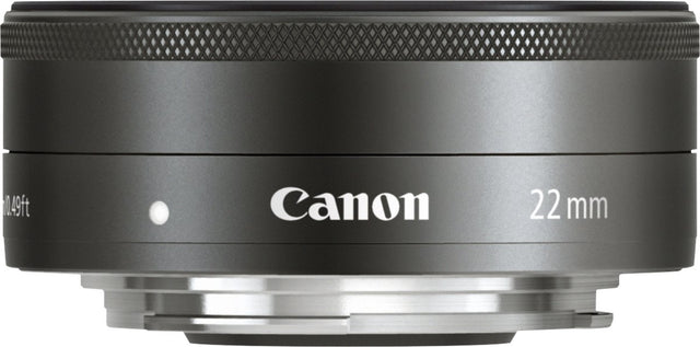 Canon EF-M 22mm f/2 STM pancakelens in zwart, zijaanzicht
