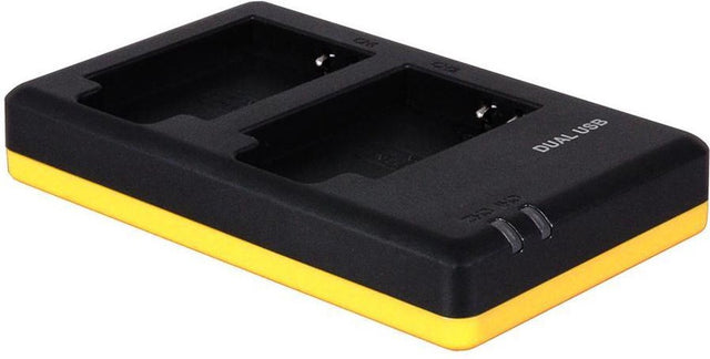 Merkloze dubbele acculader voor Nikon EN-EL12, zwart met gele rand, twee lege laadvakken