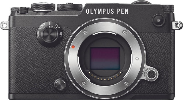 Olympus PEN-F systeemcamera body, zwart, voorkant zonder lens met open vatting, tweedehands