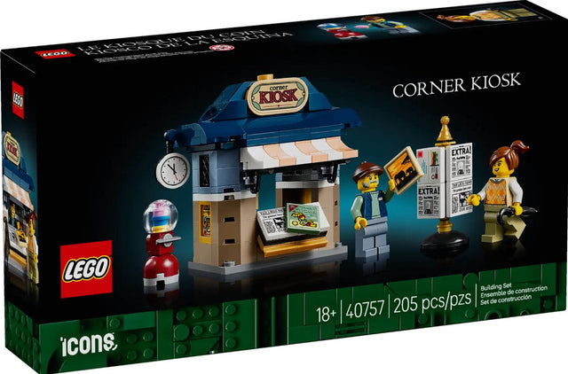 LEGO Icons Kiosk 40757, doos voorkant met de kiosk en minifiguren