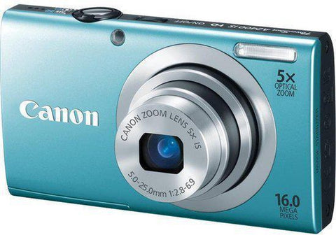 Canon PowerShot A2400 IS digitale compactcamera, licht blauw, schuin vooraanzicht met 5x zoomlens, tweedehands