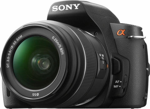 Sony Alpha A390 spiegelreflexcamera met 18-55mm lens, zwart, voorkant