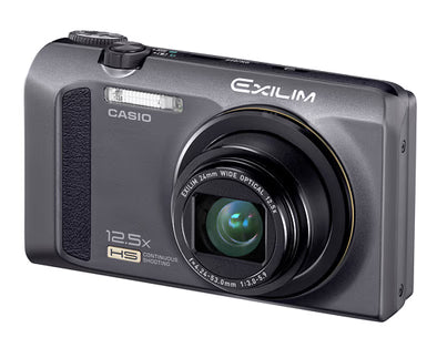 Casio Exilim EX-ZR100 compactcamera, zwart, schuin van voren met 12.5x zoomlens en HS-opschrift, tweedehands