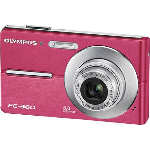 Olympus FE-360 digitale compactcamera, roze, voorkant met 3x zoomlens, tweedehands