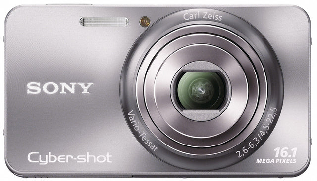 Sony Cyber-shot DSC-W570 compactcamera, zilver, voorkant met Carl Zeiss-lens en opschrift 16.1 megapixels, tweedehands