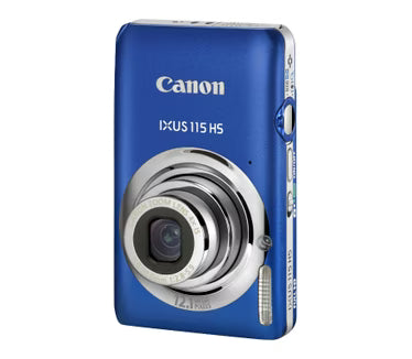 Canon IXUS 115 HS digitale compactcamera, blauw, voorkant rechtop met zoomlens en 12.1 megapixel, tweedehands