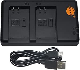 USB duolader voor Nikon EN-EL20, zwart, lader met twee lege laadvakken en DSTE-logo naast de micro-USB-kabel, tweedehands
