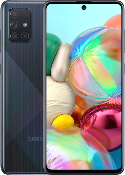 Samsung Galaxy A71, zwart (Prism Crush Black), achterkant met quad-camera en voorkant