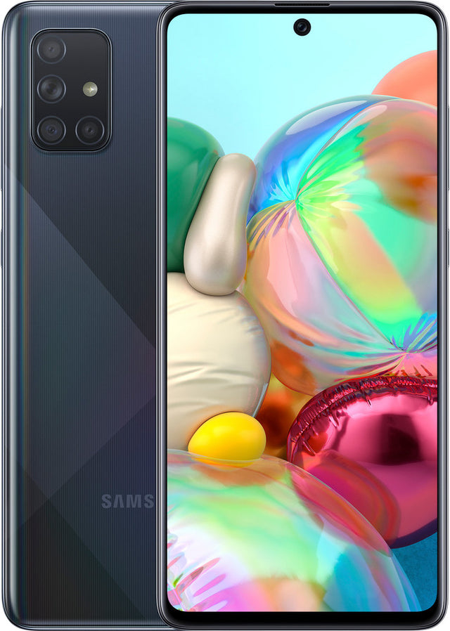 Samsung Galaxy A71, zwart (Prism Crush Black), achterkant met quad-camera en voorkant