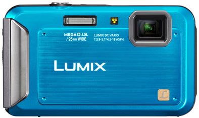 Panasonic Lumix DMC-FT20 compactcamera, blauw, voorkant met Lumix DC Vario-lens en Mega O.I.S.-opschrift, tweedehands