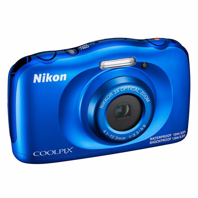 Nikon Coolpix W150 waterdichte digitale compactcamera, blauw, voorkant schuin met 3x Nikkor-zoomlens, tweedehands