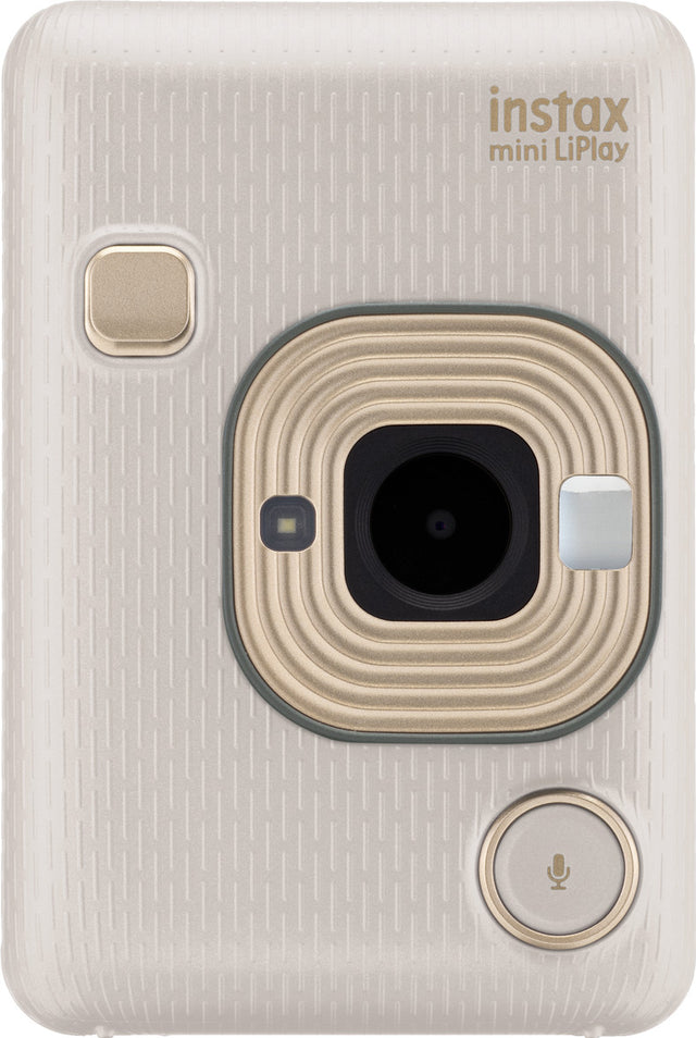 Fujifilm Instax Mini LiPlay instant camera, beige Beige Gold met gouden accenten, voorkant met lens en ontspanknop