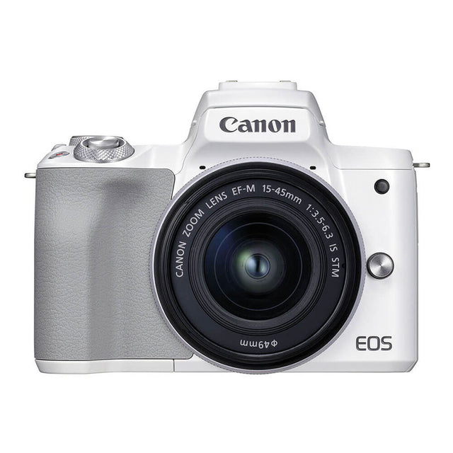 Canon EOS M50 systeemcamera, wit, voorkant met EF-M 15-45mm IS STM-lens, tweedehands