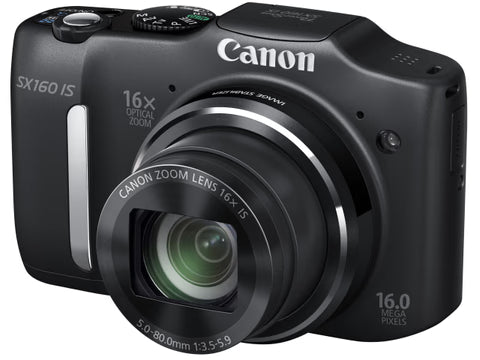 Canon PowerShot SX160 IS digitale compactcamera, zwart, schuin vooraanzicht met 16x zoomlens, tweedehands