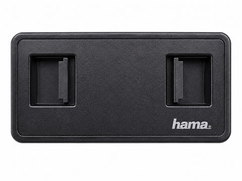 Rechthoekige lensdop 52mm, zwart met twee klemsleuven en Hama-logo, voorkant