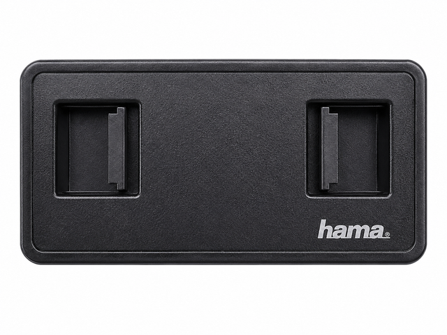 Rechthoekige lensdop 52mm, zwart met twee klemsleuven en Hama-logo, voorkant