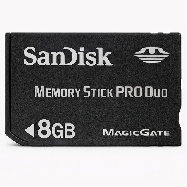 SanDisk Memory Stick Pro Duo 8GB, zwart, voorkant met opschrift MagicGate en 8GB, tweedehands