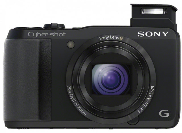 Sony Cyber-shot DSC-HX20V digitale compactcamera, zwart, voorkant met 20x Sony G-zoomlens en opgeklapte flitser