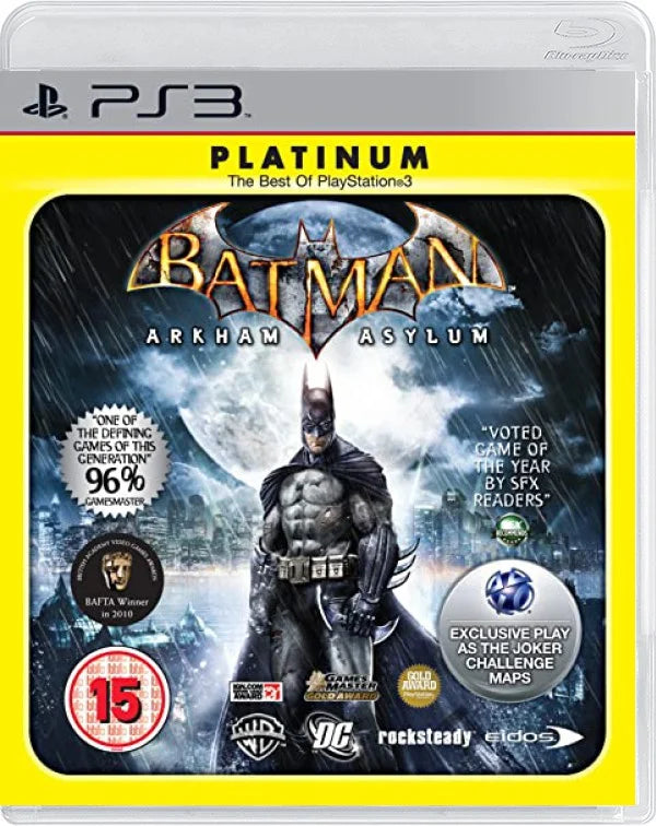 PlayStation 3 Batman Arkham Asylum, doos voorkant, Platinum-uitgave met Brits BBFC 15-label