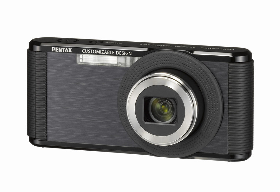 Pentax Optio LS 465 digitale compactcamera, zwart, voorkant met zilveren lensring, tweedehands