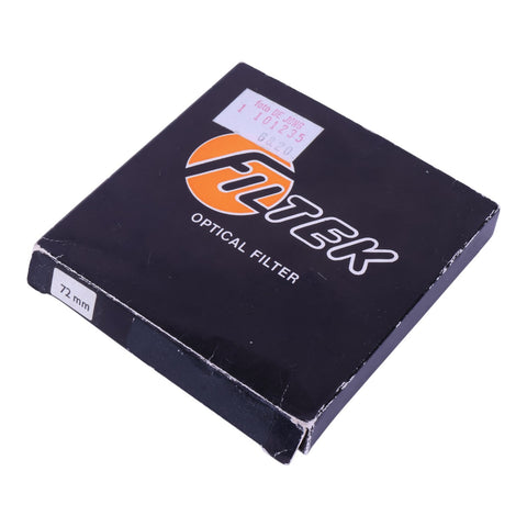 Filtek Optical Filter 72mm, zwarte doos met oranje logo, maatetiket 72 mm en prijsetiket, nieuw in verpakking