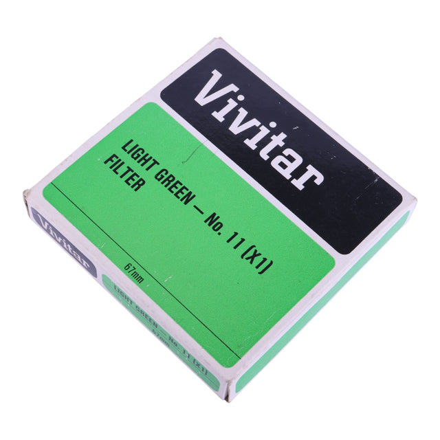 Vivitar Light Green No. 11 X1 groenfilter 67 mm, groene doos voorkant met Vivitar-logo