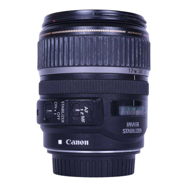 Canon EF-S 17-85mm f/4-5.6 IS USM lens, zijkant met stabilisator- en AF-MF-schakelaar, tweedehands