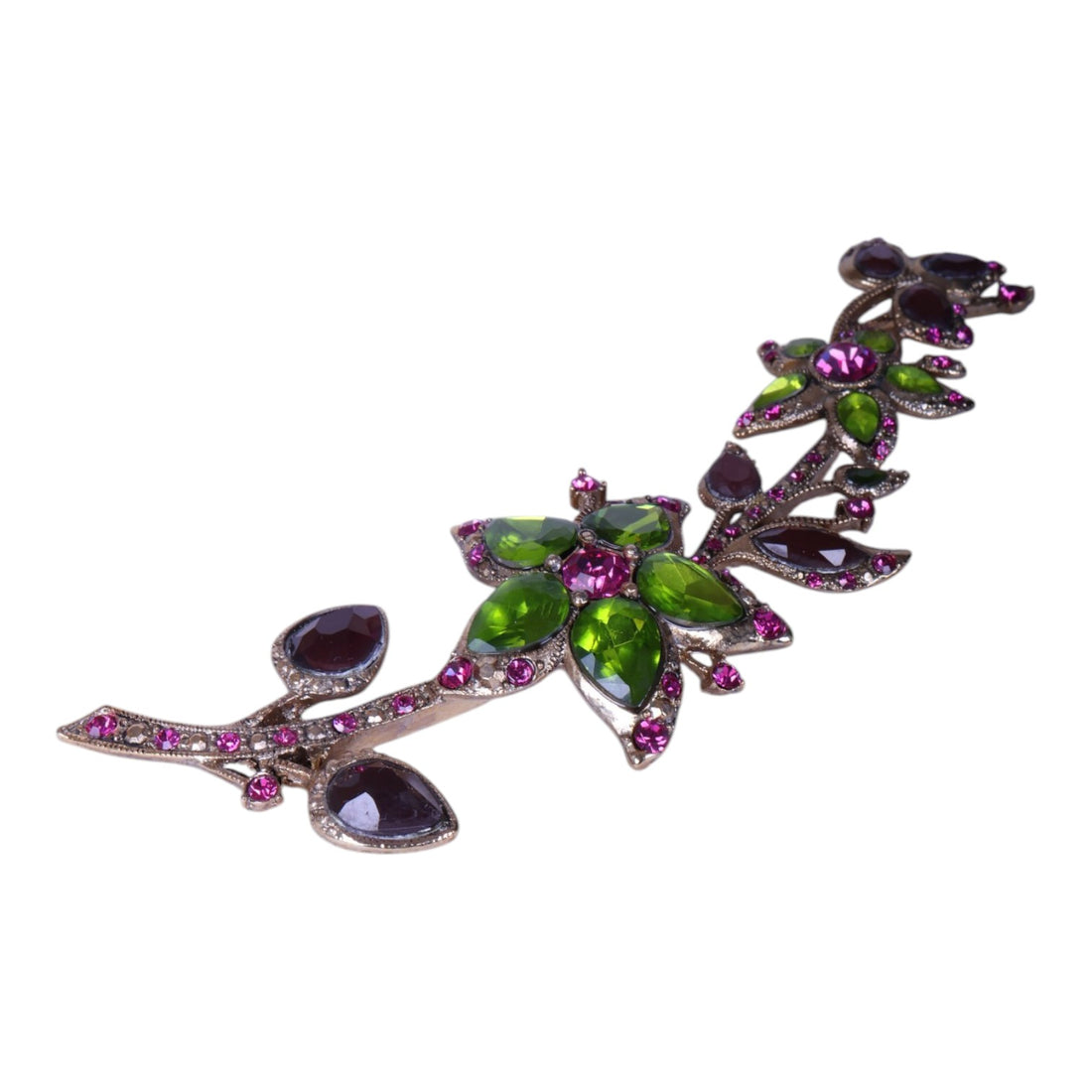 Bloemtak Broche met Groene en Paarse Strass