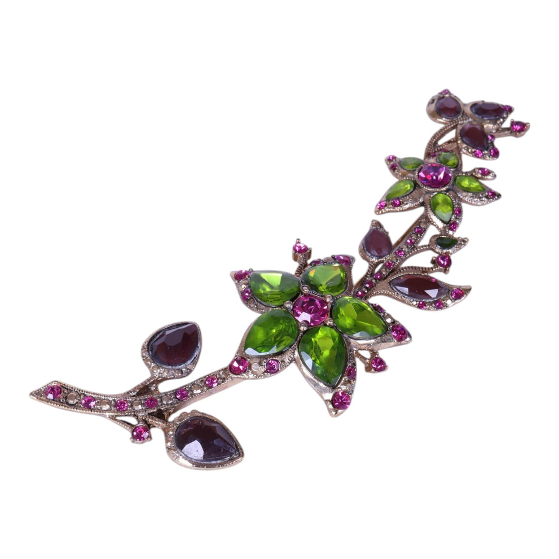 Bloemtak Broche met Groene en Paarse Strass