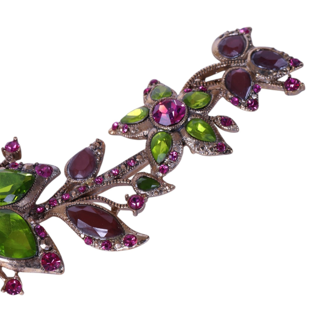 Bloemtak Broche met Groene en Paarse Strass