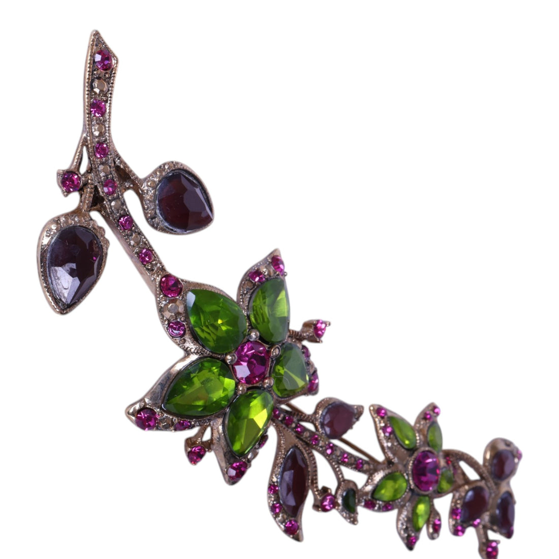 Bloemtak Broche met Groene en Paarse Strass
