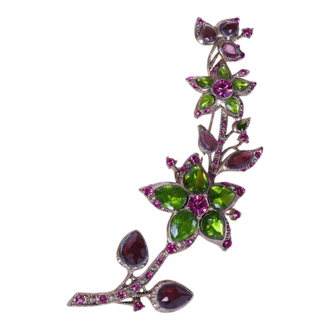 Bloemtak Broche met Groene en Paarse Strass