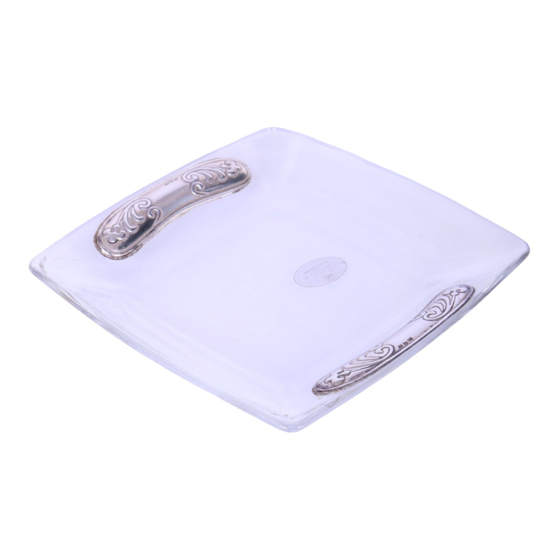 Vierkante Glazen Schaal met 800 Zilveren Handvatten - Firenze Italia - 17x17cm