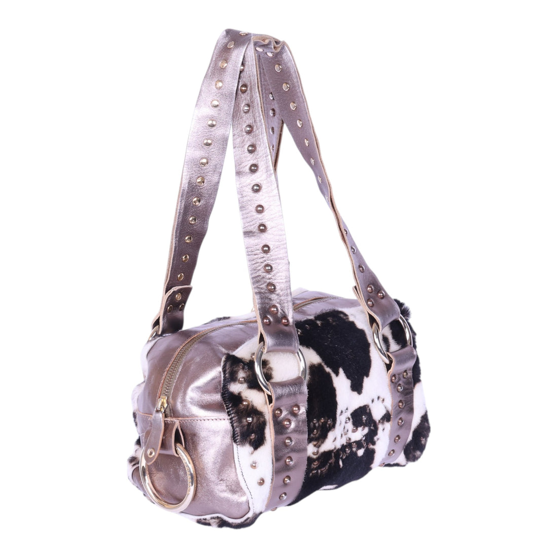 Barrel Schoudertas Koeienprint Metallic met Studs