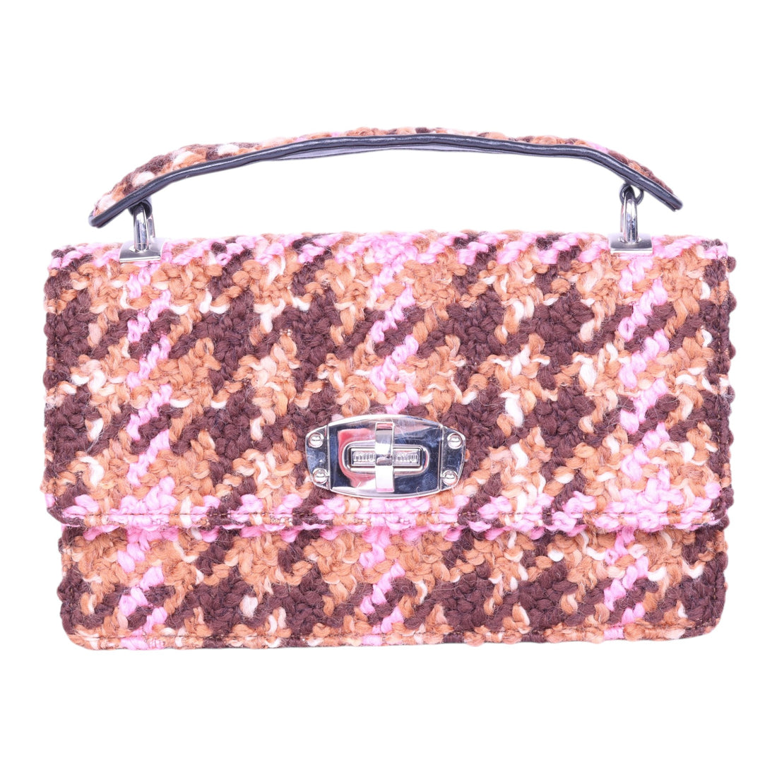 Bouclé Wollen Top-Handle Tas - Roze Houndstooth