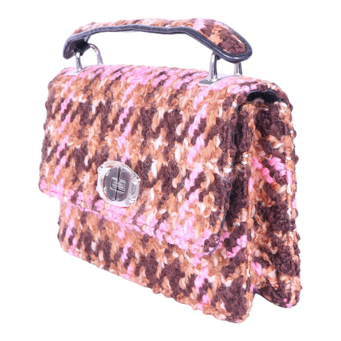 Bouclé Wollen Top-Handle Tas - Roze Houndstooth