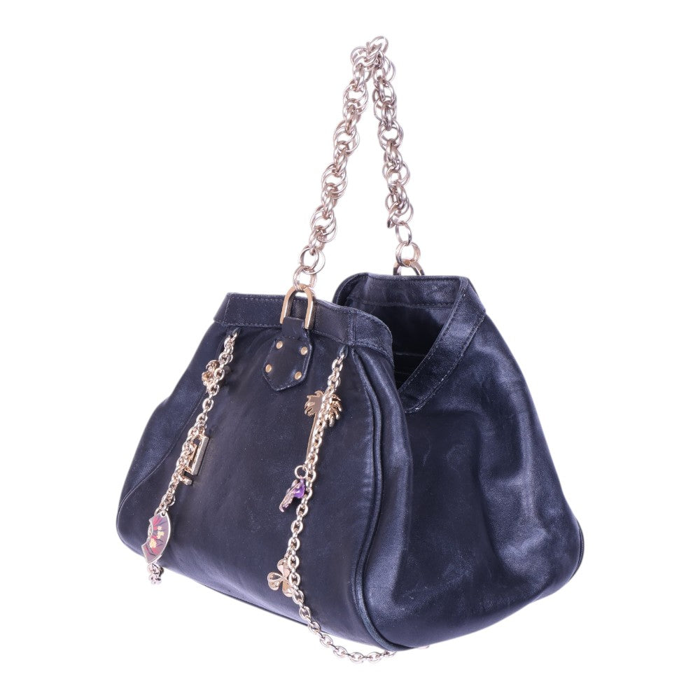 Leren Charm Tas met Kettinghengsel - Zwart