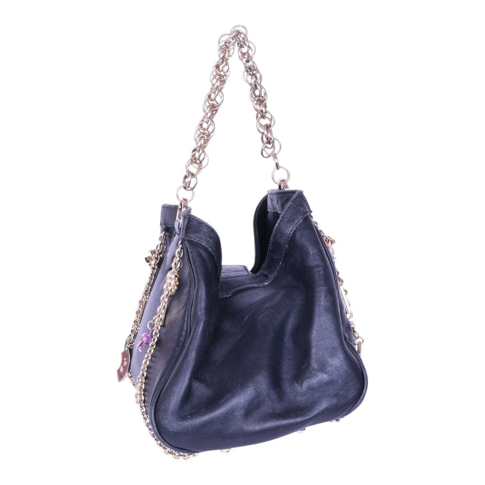 Leren Charm Tas met Kettinghengsel - Zwart